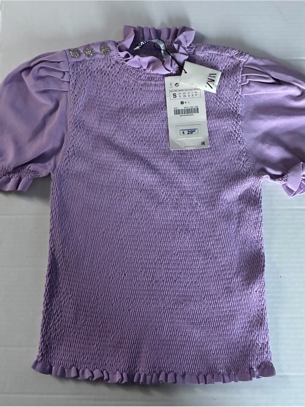 Zara Lilac Ruffle Smocked Knit Top with Puff Sleeves